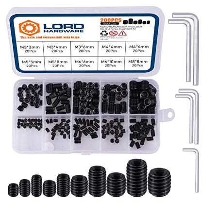 200Pcs Allen Head Socket Set Screws Internal Hex Drive Cup Point Grub Screw Assortment Kit Metric M3/M4/M5/M6/M8 - color: Black