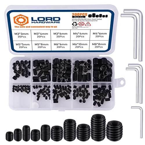 200Pcs Allen Head Socket Set Screws Internal Hex Drive Cup Point Grub Screw Assortment Kit Metric M3/M4/M5/M6/M8 - color: Black