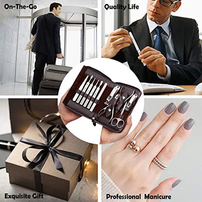 FAMILIFE Manicure Set, Nail Clippers Set Professional Manicure Kit 11 in 1 Stainless Steel Pedicure Tools Nail Kit Mens Grooming Tool with Portable Leather Travel Case Dark Violet Birthday Gifts - color: Purple