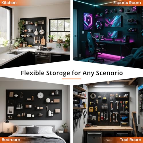 ENJOYWOOD Pegboard, 4 PCS 24"×16" Metal Peg Board Panels Black Modular Wall Organizer Kit with 40 Hooks, Dual-Size Hole Design for Home Tool Storage, Garage Organization, Kitchen, Office, Craft Room - size: 4 PCS