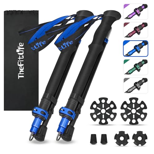 TheFitLife Collapsible Trekking Poles for Hiking – Lightweight Folding Walking Sticks for Men and Women with Extra-Long Foam Handle and Metal Flip Lock - color: Blue, size: 100-120cm for Users 5'7" or under
