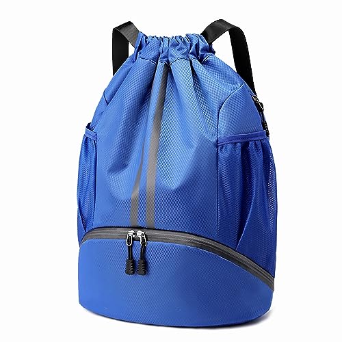 Hoedia Sports Drawstring Backpack - Swim Gym Bag for Women and Men | String Bag with Shoes Compartment and Wet Proof Pocket, Adjustable Wider Shoulder Strap, For Soccer, Basketabll, Volleyball - color: Blue, size: Large