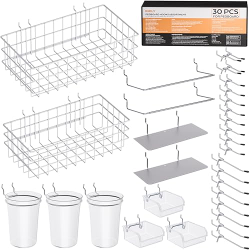 INCLY 30PCS Peg Board Organizer Accessories Kit with Bins, Cups & Baskets | Pegboard Hooks Assortment, Wire Baskets, Paper Towel Holder, 1/8" and 1/4" Pegboard, For Garage Workbench Craft Room - color: Clear