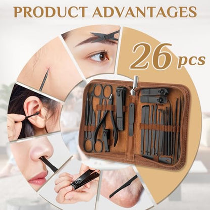 MINKINH Manicure Set Professional Nail Clipper Kit-26 Pieces, Brown | Stainless Steel Manicure Kit, Nail Care Tools with Travel Case for Men & Women, Hand & Foot Care, Gift for Family & Friends - color: Brown