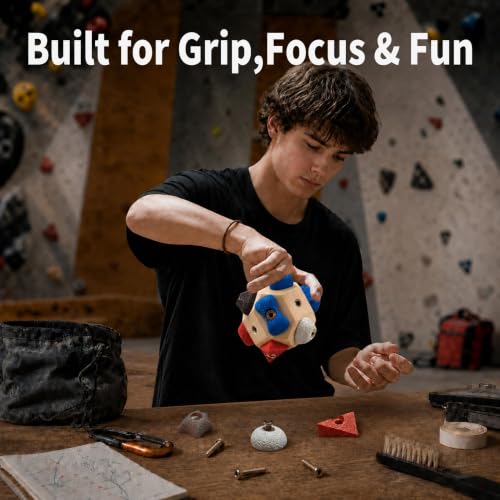 Boulder Block Rock Climbing Grip Trainer - 12 Unique Resin Holds with Color-Guided Training Paths, Premium Wood Finger Strength Trainer for Climbers, Portable Bouldering Gift for Men & Women