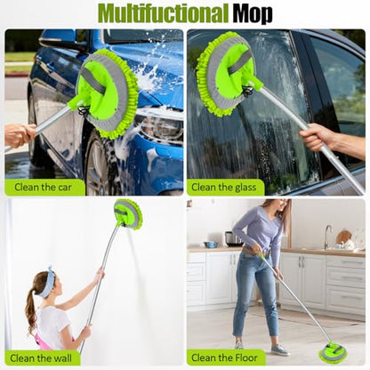 15° Curved Car Wash Brush with Long Handle 43" Extension Cleaning Mop Exterior Interior Carwash Duster 3-Section, 90° Pivoting Extralarge Microfiber Head for Scratch-Free Car, SUV & Truck - color: Green