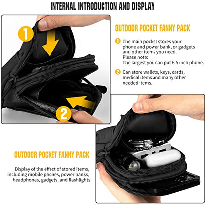 Tactical Molle Pouch Compact Utility Waist Bag Phone Holster Holder for 4.7"-6.9" iPhone 15 Pro Max/15 Pro/14 Plus/14 Pro Max/14/13 Pro Max/13 Pro/12 Pro Max/11 Pro Max - color: Black