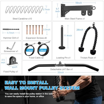 Wall Mounted Pulley System, Low Cable Machine Pulley System for LAT Pulldown, Biceps Curl Home Gym Equipment with Fitness Pull Down Bar, Tricep Rope - style: Wall Mounted Pulley System