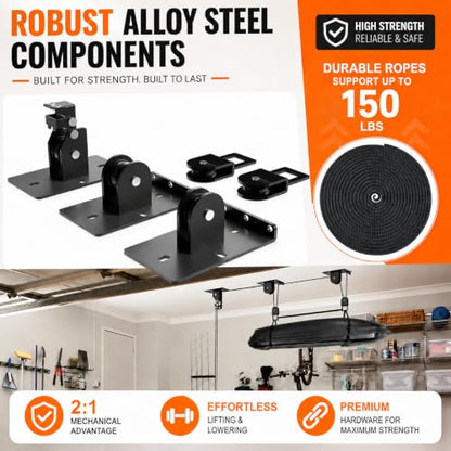 TRUSOON Cargo Box Hoist, Garage Pulley Lift System,150 lbs | For cargo box and kayak, 10-18 ft garage ceiling, 3-point stability, anti-scratch ring, heavy-duty steel