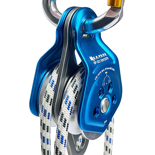 30kN Upgraded Rescue Double Pulley Sheave with Swing Plate,CE High Strength Pulley for Backyard Zipline, Climbing, Rock Rescue Lifting, Hauling, Fit Rope up to 13 mm/Holds Up to 6750lbs,Blue - color: Blue
