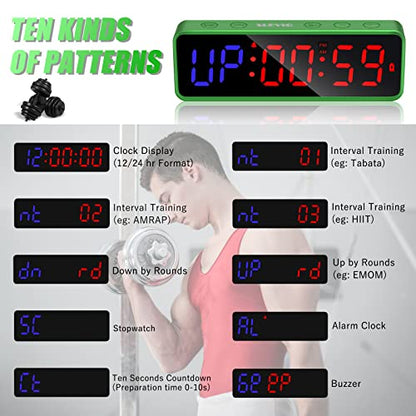 Portable Gym Workout Timer, Fitness Clock with The Rubber Case and Built-in Magnetic Spine, Large LED Digital Anti Vertigo Display, for Home Garage Schools (Black) - color: Green
