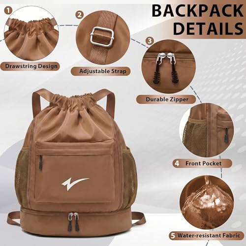 Sport Drawstring Backpack, Gym Bag with Mesh Side Pockets and Separate Shoe Compartment, Water-Resistant (Khaki) - color: Khaki