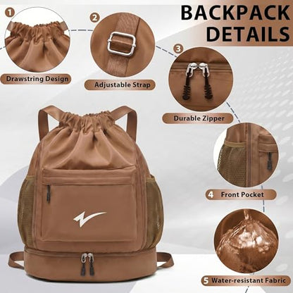 Sport Drawstring Backpack, Gym Bag with Mesh Side Pockets and Separate Shoe Compartment, Water-Resistant (Khaki) - color: Khaki