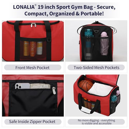 35L Sports Gym Duffle Bag - 19 inch Weekender Duffel for Workout, Basketball, Fitness, Training (Red) - color: Red