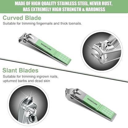 16 pcs Stainless Steel Nail Care Tools Grooming Kit with Luxurious Travel Leather Case for Thick Nails Men Women Gift,Manicure Set Professional NailClippers Pedicure Kit,Sharp Nail Scissor(Green)