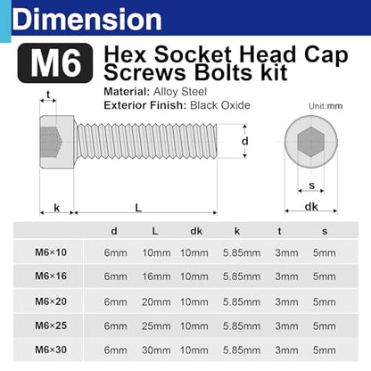 35PCS M6 Hex Socket Head Screws Assortment, 10-30mm | Includes 10mm, 16mm, 20mm, 25mm, 30mm, 35mm, 40mm, 45mm, 50mm, 55mm, 60mm, 65mm, 70mm, 75mm and 80mm lengths, Full thread - style: 35 PCS M6 × 10mm / 16mm / 20mm / 25mm / 30mm Black 304 Stainless Steel