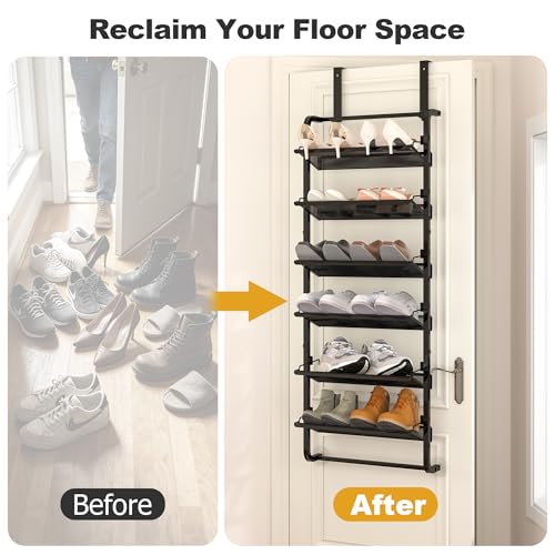 BUKFEN 6 Tier Adjustable Heavy Duty Metal Shoe Rack, Door Hanging and Wall Mount Organizer for Closet, Bedroom, Entryway, Laundry, Apartment, Small Spaces, Space Saving Solution for Busy Homes
