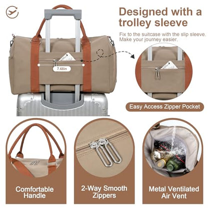 FIORETTO Womens Gym Tote Duffle Weekender Bag with Wet Pocket & Shoe Compartment, Ideal for Travel, Swimming, Dance, Khaki - color: Khaki, style: Gym Bag