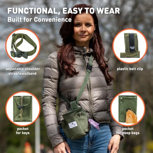 INSPECTOR TAIL Dog Treat Pouch for Training, Drawstring Bag, Hands Free | 2 Cup Tote, 4 Ways to Wear, No Bounce, Pull-Out Liner, Pockets for Snacks, Poop Bags & Keys, Pet Walking & Rewarding Holder