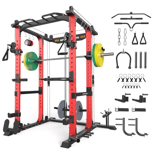 SPORTSROYALS Power Rack, Multi-Functional Power Cage, Squat Rack with Pulley System & LAT Pull Down, Workout Cage with J Hooks for Home Gym - color: Ruby Red, style: 140LB Colorful Package