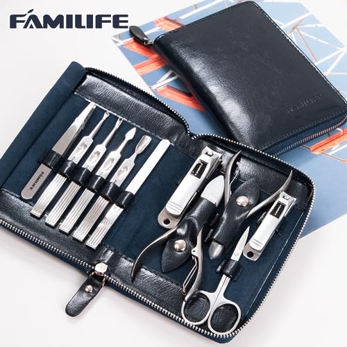 Manicure Kit, FAMILIFE Professional Manicure Set Nail Kit, 11 in 1 Stainless Steel Nail Clippers Set for Men Pedicure Tool, Men Grooming Tool with Portable Blue Leather Travel Case Luxury Gifts - color: Navy Blue