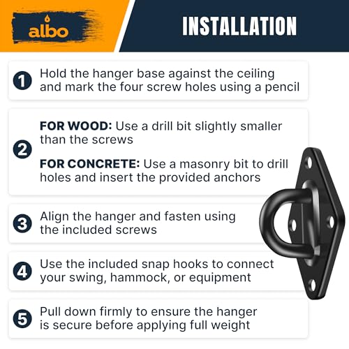 Albo Diamond Plate 2650lbs Swing Hangers 4 PCS - Heavy Duty Ceiling Mount Hooks with Snap Carabiners, 304 Stainless Steel for Wood & Concrete & Metal, Indoor Outdoor Anchor for Hammock, Yoga, TRX - size: Diamond 4pcs Black