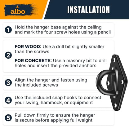 Albo Diamond Plate 2650lbs Swing Hangers 4 PCS - Heavy Duty Ceiling Mount Hooks with Snap Carabiners, 304 Stainless Steel for Wood & Concrete & Metal, Indoor Outdoor Anchor for Hammock, Yoga, TRX - size: Diamond 4pcs Black