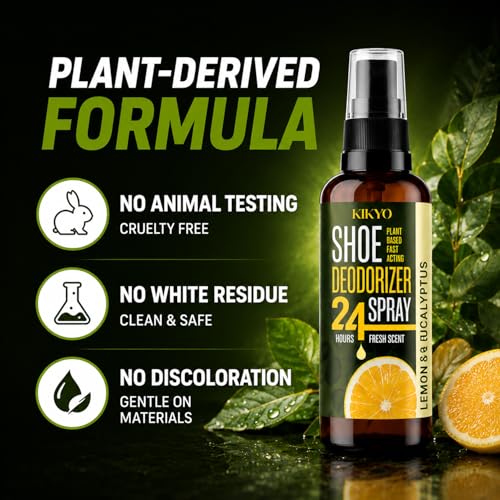 KIKYO Shoe Deodorizer Spray - Natural Plant-Powered Odor Eliminator for Smelly Shoes, Sneakers, Work Boots, 24 Fresh Protection & Lemon Eucalyptus Scent, 4 oz