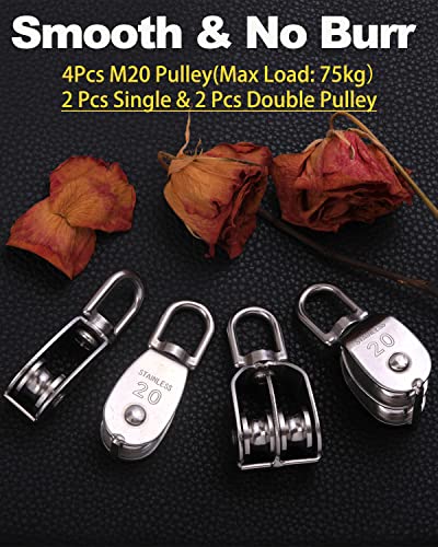 Rocaris 4 Pack M20 Pulley Block, 2 Pcs Single Pulley & 2 Pcs Double Pulley 304 Stainless Steel Wire Rope Lifting Swivel Hook - style: 2 Pack Single & 2 Pack Double