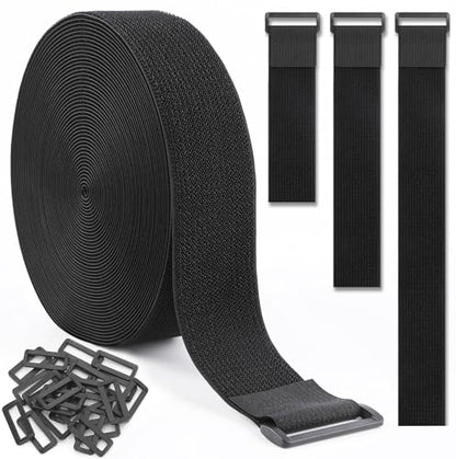 1.5In x 20Ft Cinch Straps Nylon Heavy Duty with 25 Buckles, Cut to Length, Black Hook and Loop Straps, Reusable Long Cable Ties for Storage and Cord Organizer - size: 1.5In x20Ft Black