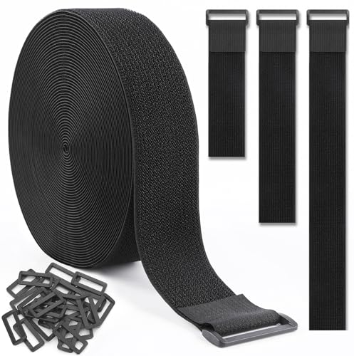 1.5In x 20Ft Cinch Straps Nylon Heavy Duty with 25 Buckles, Cut to Length, Black Hook and Loop Straps, Reusable Long Cable Ties for Storage and Cord Organizer - size: 1.5In x20Ft Black