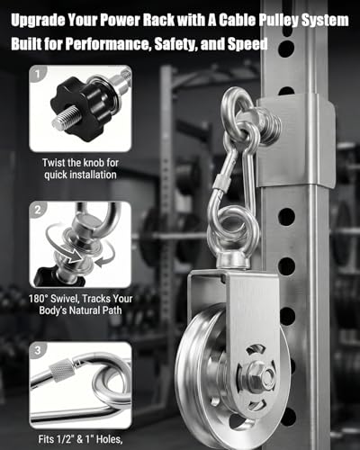 Height Adjustable Cable Pulley System for Power Rack 2x2'' & 3x3'' | 304 Stainless Steel, Silent Bearings, 180 Degree Swivel, 300 lbs Support, Hand Tightened Knob, Smooth Motion