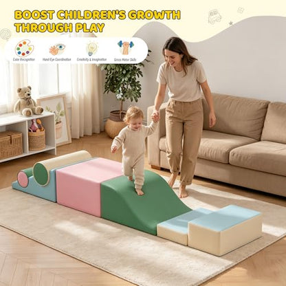 Soft Climbing Toys for Toddlers, 7-Piece Foam Climbing Blocks with PU Leather Cover, Modular Climb and Crawl Activity Play Set for Indoor Playroom (Pink)