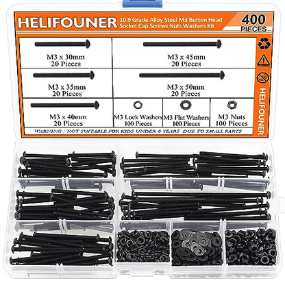 HELIFOUNER 400 Pieces M3 x 30mm /35mm /40mm /45mm /50mm, Button Head Socket Cap Metric Screws Bolts Washers Nuts Kit, 10.9 Grade Alloy Steel, Fully Threaded, Black - size: M3 x 30/35/40/45/50mm, style: Button Head