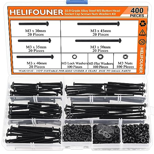 HELIFOUNER 400 Pieces M3 x 30mm /35mm /40mm /45mm /50mm, Button Head Socket Cap Metric Screws Bolts Washers Nuts Kit, 10.9 Grade Alloy Steel, Fully Threaded, Black - size: M3 x 30/35/40/45/50mm, style: Button Head