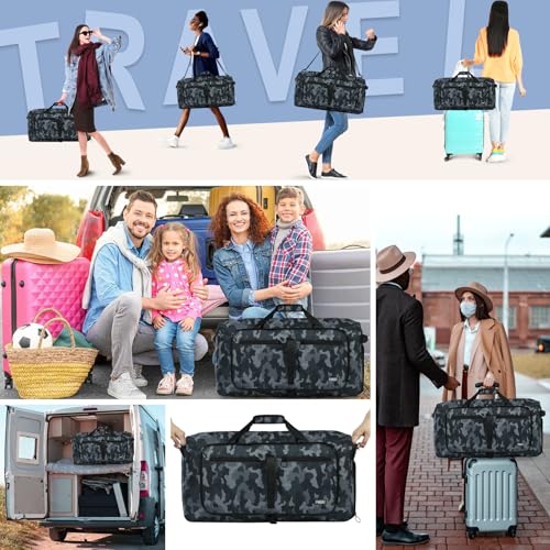 Fmeida 65L Duffle Bag with Shoes Compartment, Foldable Travel Duffel Bags for Men Women, Large Packable Travel Bag Water Repellent & Tear Resistant (BlackCamo) - color: Glossy BlackCamo