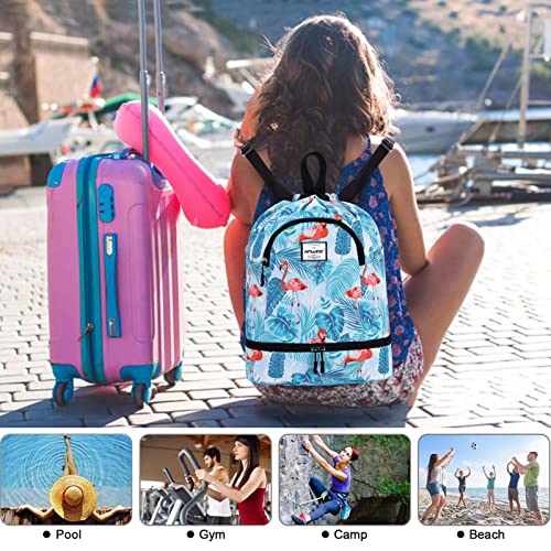 Dry Wet Drawstring Backpack with Shoe Compartment for Women Adjustable Gym Bag - color: Flamingo Blue