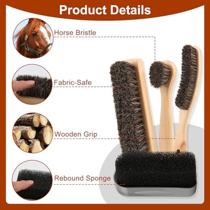 5pcs Horsehair Shoe Brush Premium Shoe Polish Brush, Horsehair Felt Hat Brush Kit with Cleaning Sponge，Boot Brush Multipurpose Horse Hair Brush for Leather Suede Shoes Felt Hat Furniture