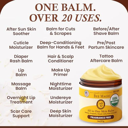 Sweet Bee Magic Organic Honey Bee Balm for Face, Skin & Body - All in One Honey Balm - Beeswax Body Moisturizer - All Natural Aid - 1 jar (2oz) - size: 2 Ounce (Pack of 1)