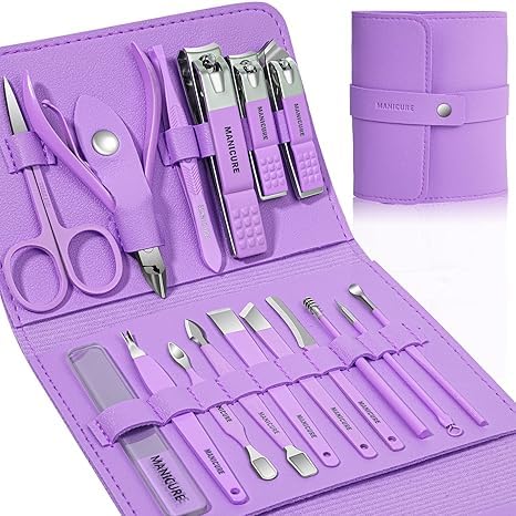 16 pcs Stainless Steel Nail Care Tools Grooming Kit with Luxurious Travel Leather Case for Thick Nails Men Women Gift,Manicure Set Professional NailClippers Pedicure Kit,Sharp Nail Scissor(Purple)