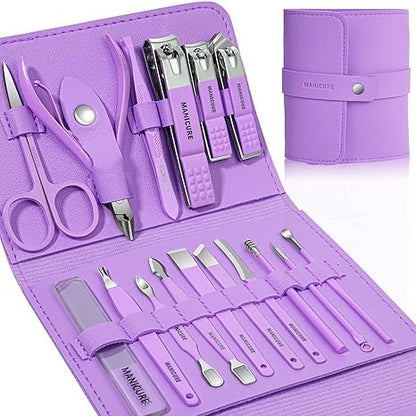 16 pcs Stainless Steel Nail Care Tools Grooming Kit with Luxurious Travel Leather Case for Thick Nails Men Women Gift,Manicure Set Professional NailClippers Pedicure Kit,Sharp Nail Scissor(Purple)