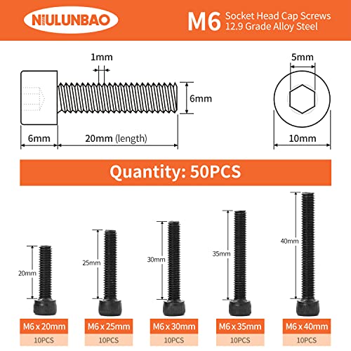 M6 x 20mm 25mm 30mm 35mm 40mm Hex Socket Head Cap Screws Bolts 12.9 Grade Alloy Steel, Black Oxide Finish, Metric Allen Hex Drive, Machine Fully Threaded, Assortment Kit 50PCS - size: M6 x 20/25/30/35/40mm (50PCS)