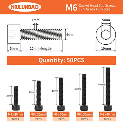 M6 x 20mm 25mm 30mm 35mm 40mm Hex Socket Head Cap Screws Bolts 12.9 Grade Alloy Steel, Black Oxide Finish, Metric Allen Hex Drive, Machine Fully Threaded, Assortment Kit 50PCS - size: M6 x 20/25/30/35/40mm (50PCS)