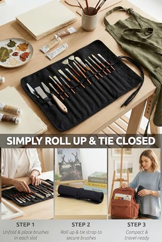 DUGATO 30-Slot Roll-Up Canvas Brush Holder, Black Paint Brush Case | Durable Canvas Organizer for Artists, Portable Travel Design, Fits Brushes & Art Supplies (Brushes not Included) - color: Black