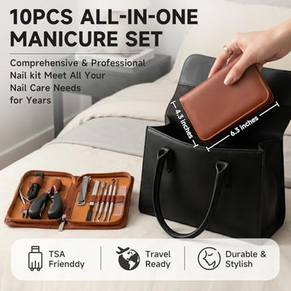 10Pcs Nail Clippers Set for Seniors, Ingrown Thick Toenail Clipper Manicure Kit for Men, Heavy Duty Wide Jaw and Slanted Nail Cutter with Nail Tool Kits, Manicure Set with Leather Travel Case for Gift