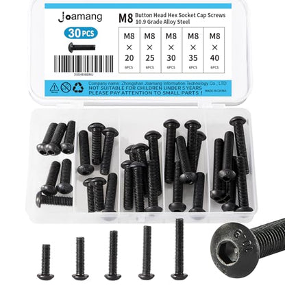 M8 x 20mm 25mm 30mm 35mm 40mm Button Head Socket Cap Screws Bolts, 10.9 Grade Alloy Steel, Black Oxide Finish, Metric Allen Hex Drive, Fully Threaded, Assortment Kit 30Pcs - size: Button M8x20-40 mm
