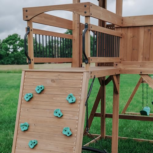 Backyard Discovery Sterling Point Cedar Wood Swing Set with Wave Slide, Raised Clubhouse, Wooden Bridge, Rock Wall, Belt Swings, Web Swing, Trapeze, Balcony, Climbing Wall, Ladder, Outdoor Playset - color: Green Slide, style: Cedar