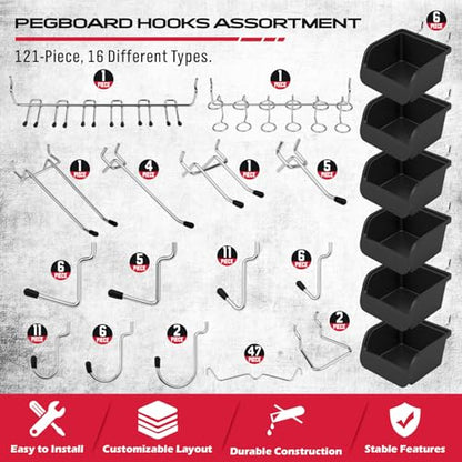Ultimate 121-Piece Pegboard Hooks Set, Pegboard Accessories with Metal Hooks, Durable Peg Board Organizer Accessories, Pegboard Bins, Peg Board Tool Utility Hooks - style: 121 pcs -- Black