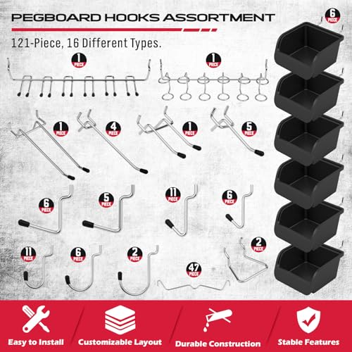 Ultimate 121-Piece Pegboard Hooks Set, Pegboard Accessories with Metal Hooks, Durable Peg Board Organizer Accessories, Pegboard Bins, Peg Board Tool Utility Hooks - style: 121 pcs -- Black