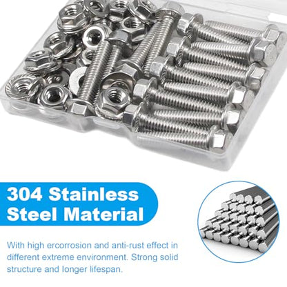 15 Sets 1/4-20 x 1/2" Flanged Hex Head Bolts Kits, 1/4-20 Flange Hexagon Screws and Nuts,Flat & Spring Lock Washers, 304 Stainless Steel 18-8,Fully Threaded - size: 1/4-20 x 1/2"